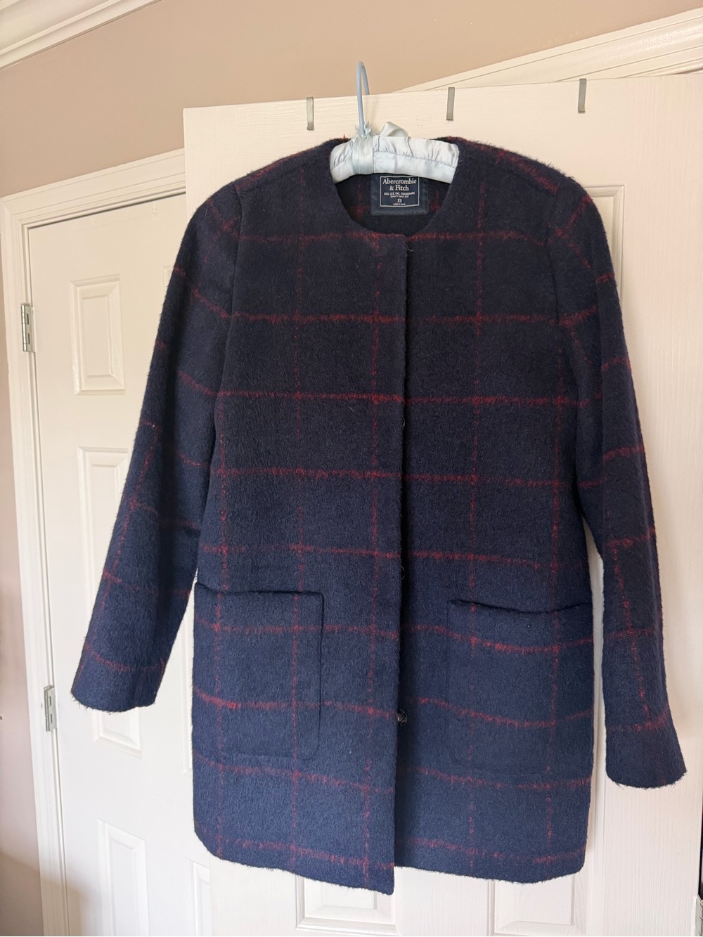 Abercrombie & Fitch Navy Coat with Red Windowpane Plaid